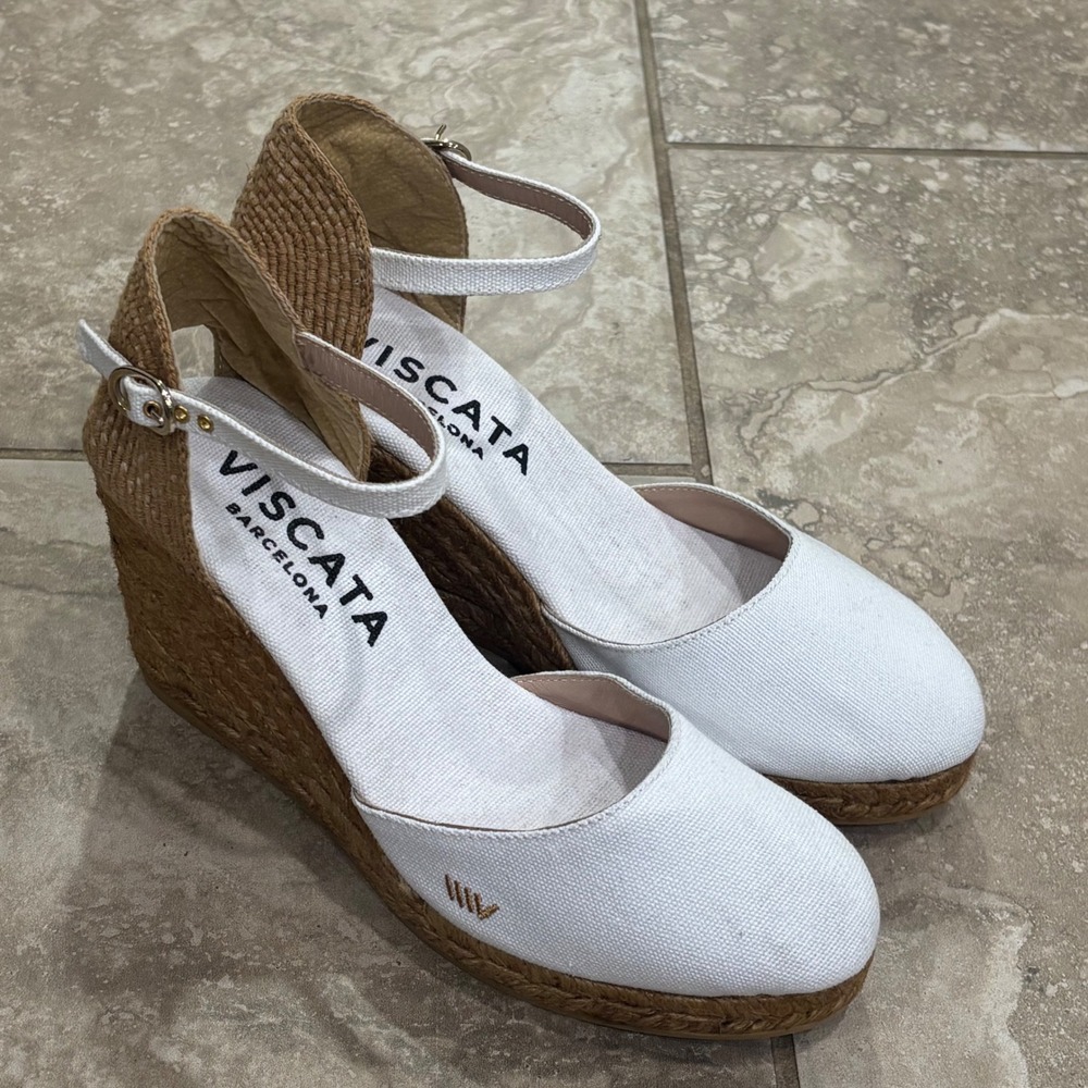 Viscata Barcelona White Canvas Espadrille Wedges Made in Spain Size 39